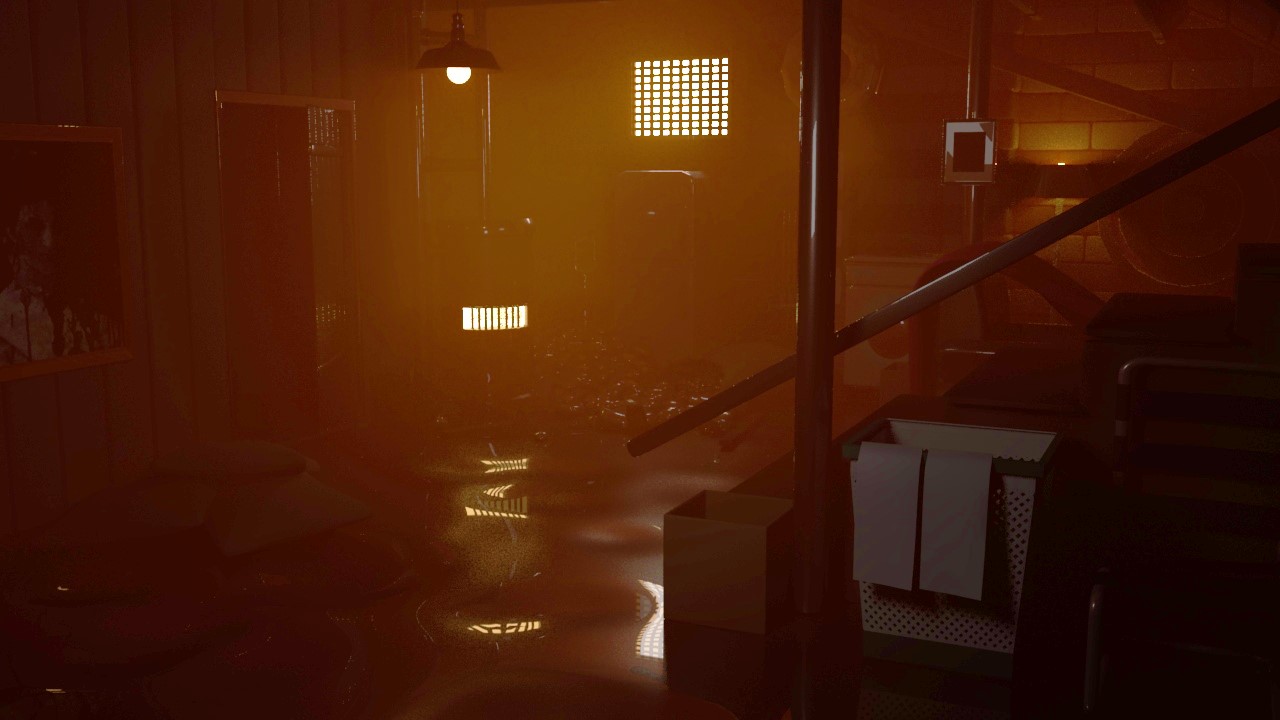 Render 3D de escena abstracta con geometría orgánica y luces volumétricas