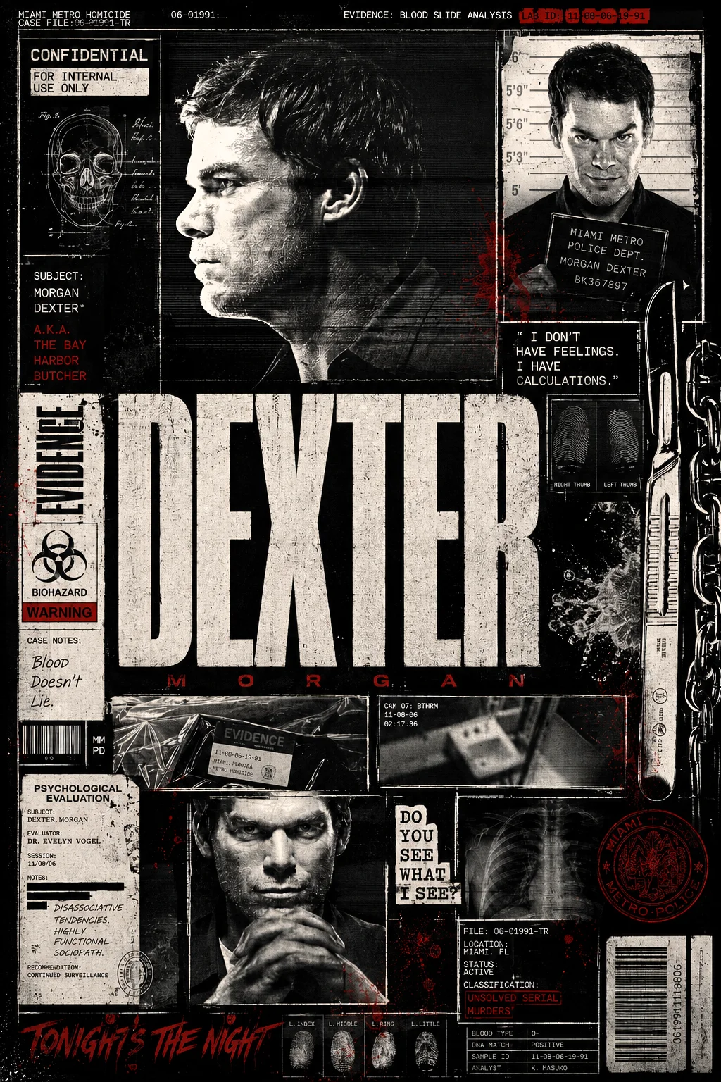 Poster ilustrado de Dexter con diseño oscuro y dramático