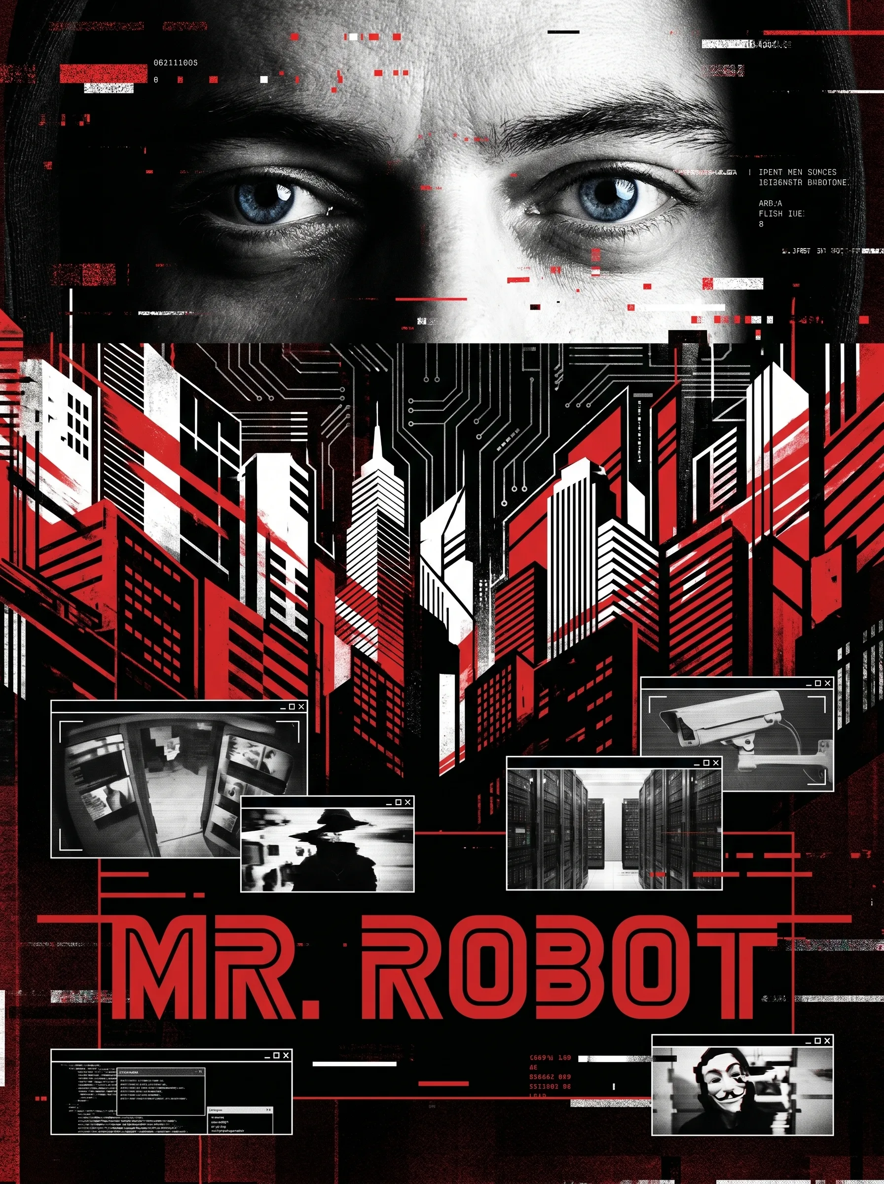 Poster ilustrado de Mr Robot con estética hacker y minimalista
