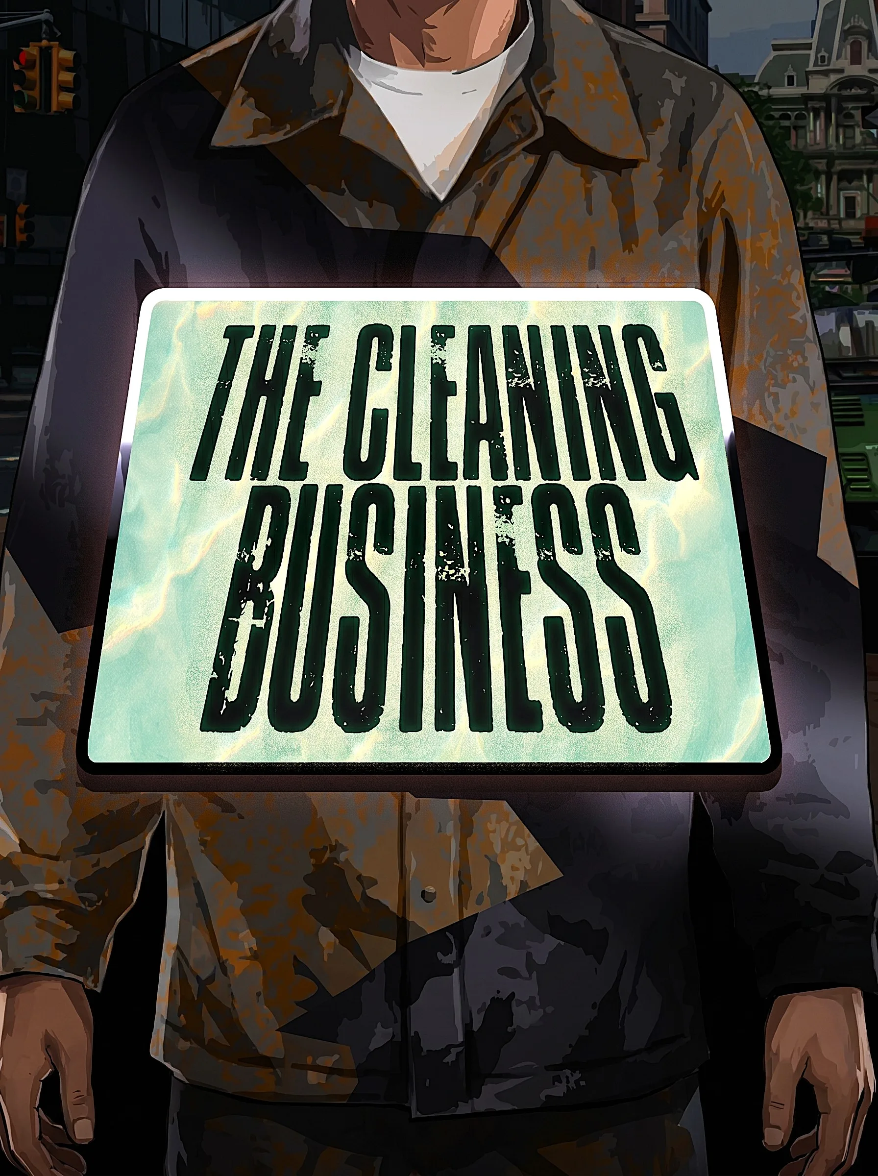 Poster promocional del juego The Cleaning Business con diseño retro