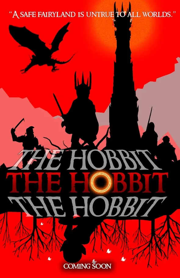 Poster ilustrado de The Hobbit con diseño épico y fantástico