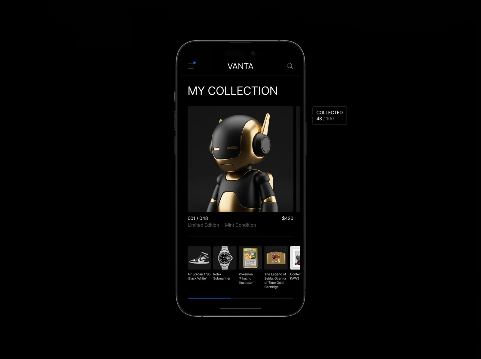 Concepto de aplicación Vanta Tracker de colecciones